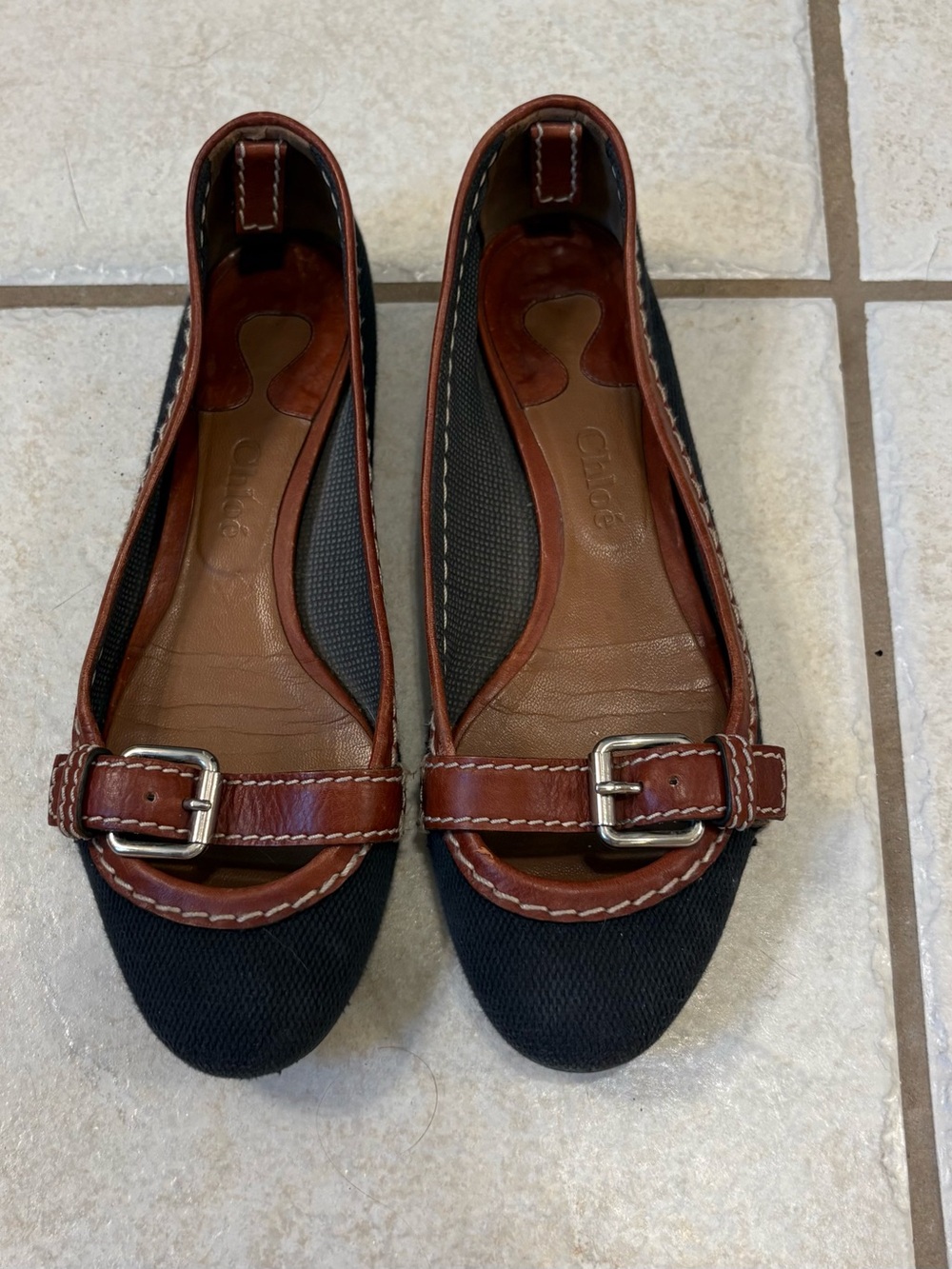Amazing Chloe Navy Canvas and Brown Leather-Trim Buckle Flats